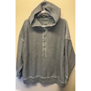 Aerie Oh Snap Weekend Henley Ribbed Hoodie Sweatshirt Oversized Olive Green